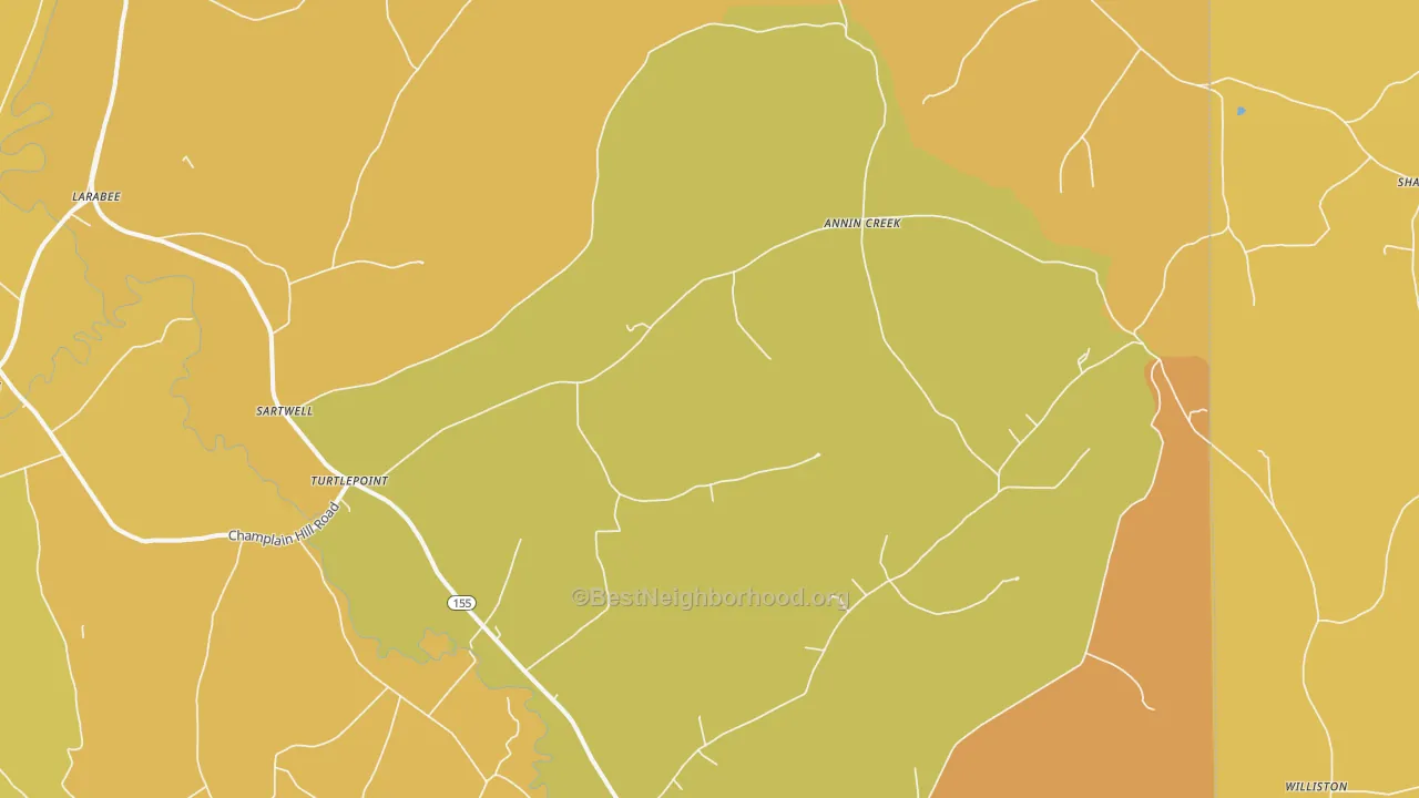 Map of the best neighborhoods in the Turtlepoint area, with better matches in green and worse matches in red