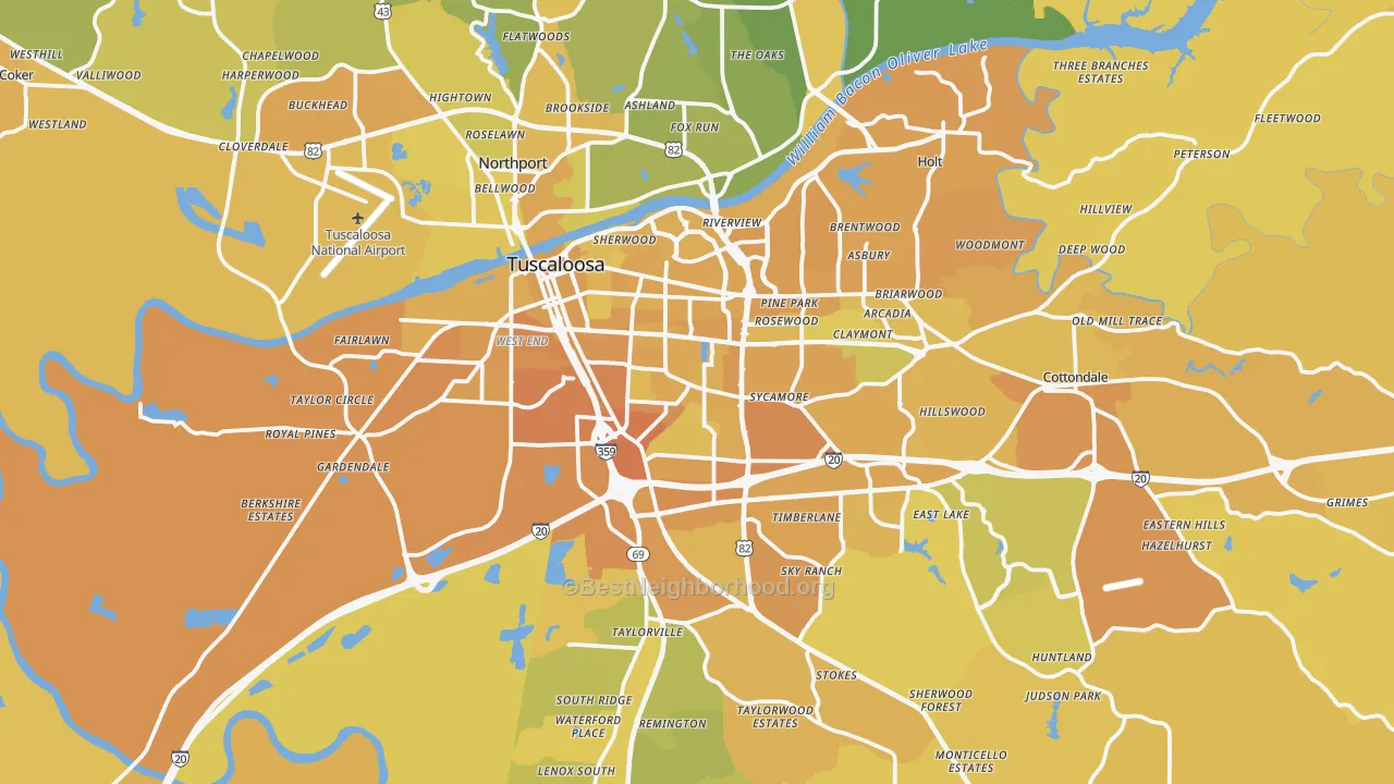 Map of the best neighborhoods in the Tuscaloosa Metro area, with better matches in green and worse matches in red