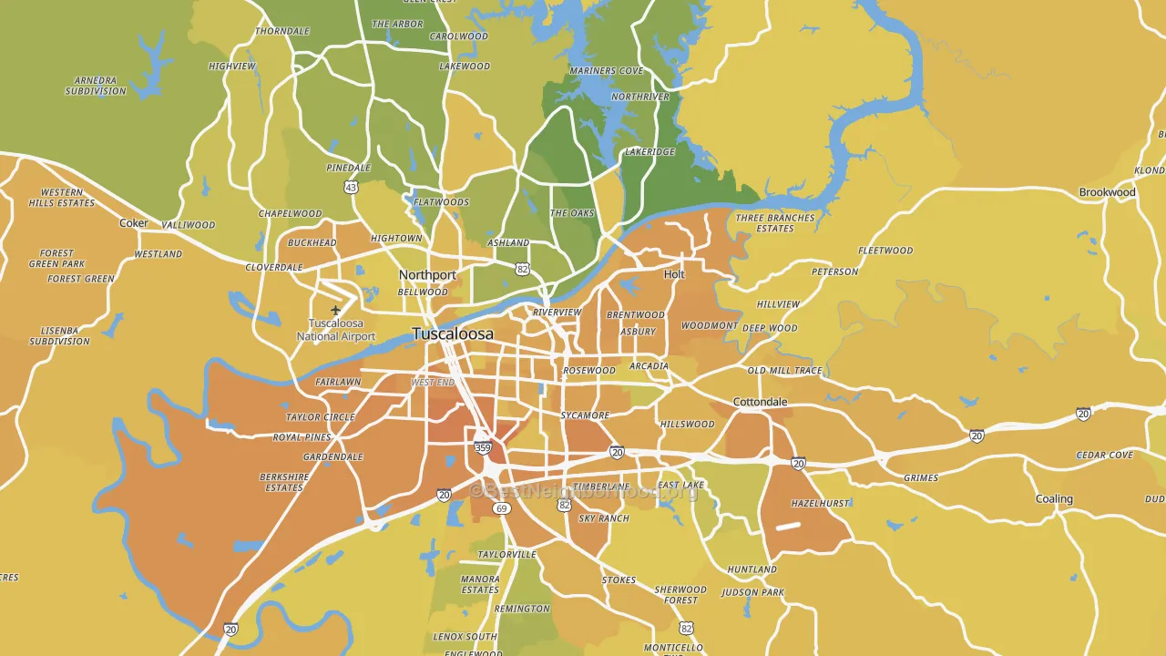 Map of the best neighborhoods in the Tuscaloosa County area, with better matches in green and worse matches in red