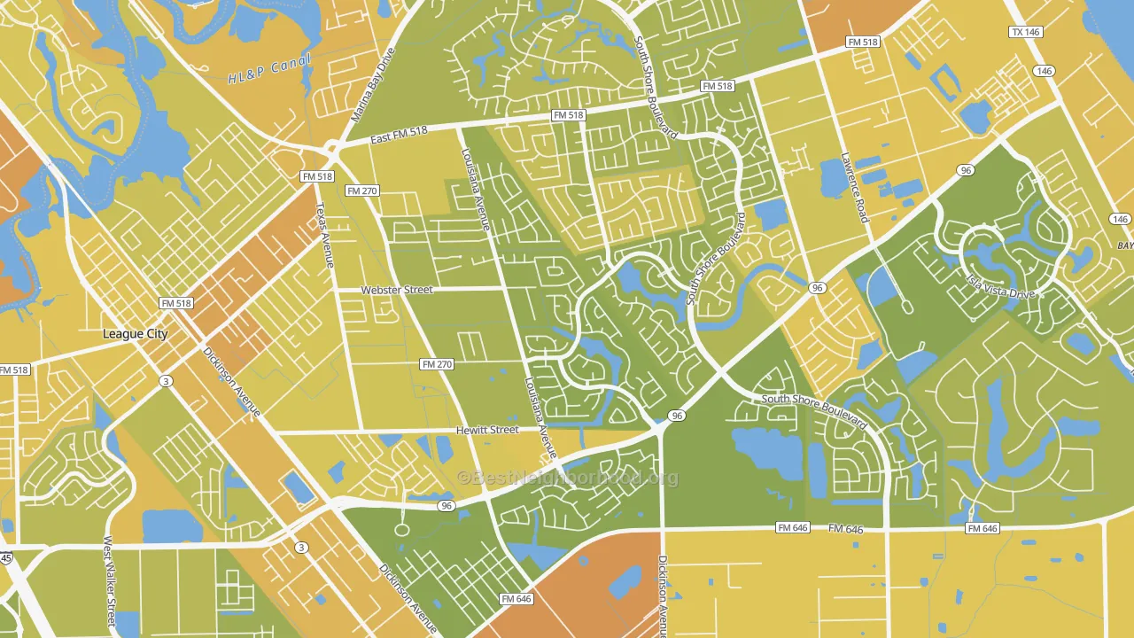 Map of the best neighborhoods in the Tuscan Lakes, League City area, with better matches in green and worse matches in red
