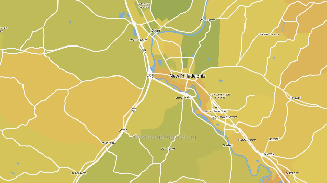 Map of the best neighborhoods in the Tuscarawas County area, with better matches in green and worse matches in red