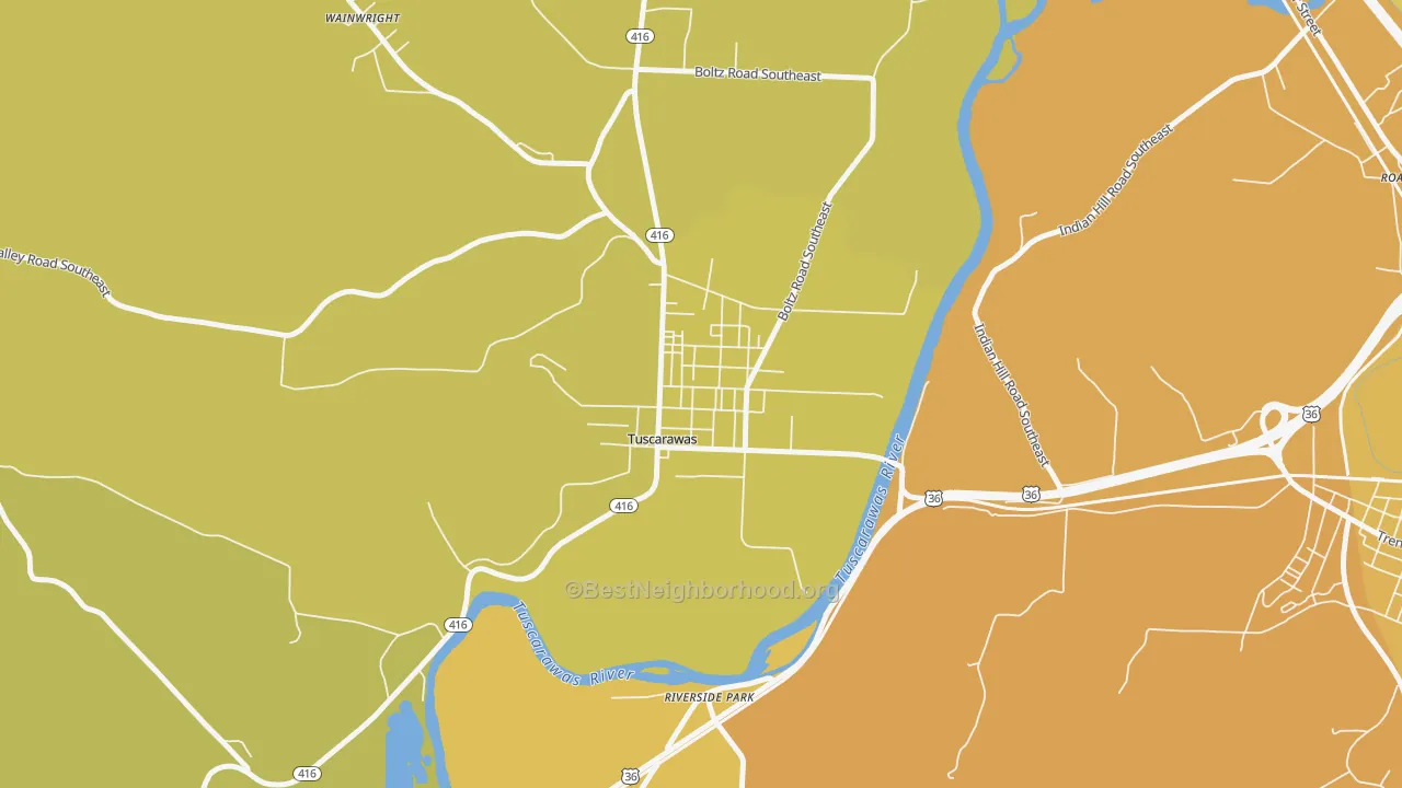 Map of the best neighborhoods in the Tuscarawas area, with better matches in green and worse matches in red