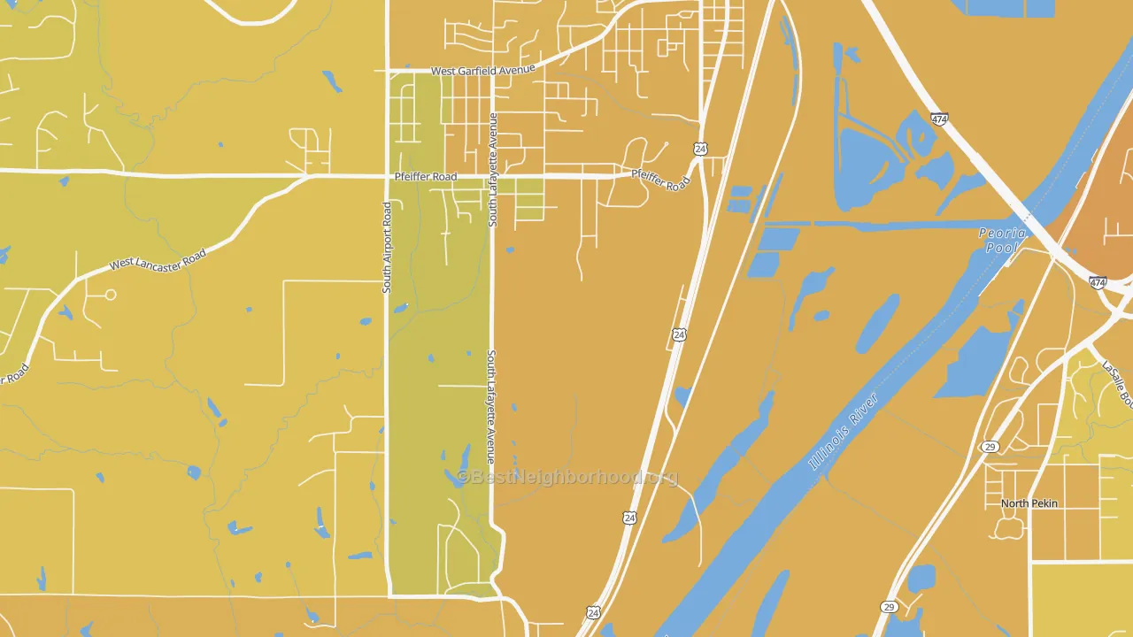 Map of the best neighborhoods in the Tuscarora area, with better matches in green and worse matches in red