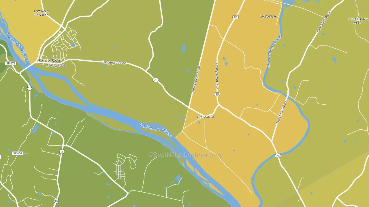 Map of the best neighborhoods in the Tuscarora area, with better matches in green and worse matches in red
