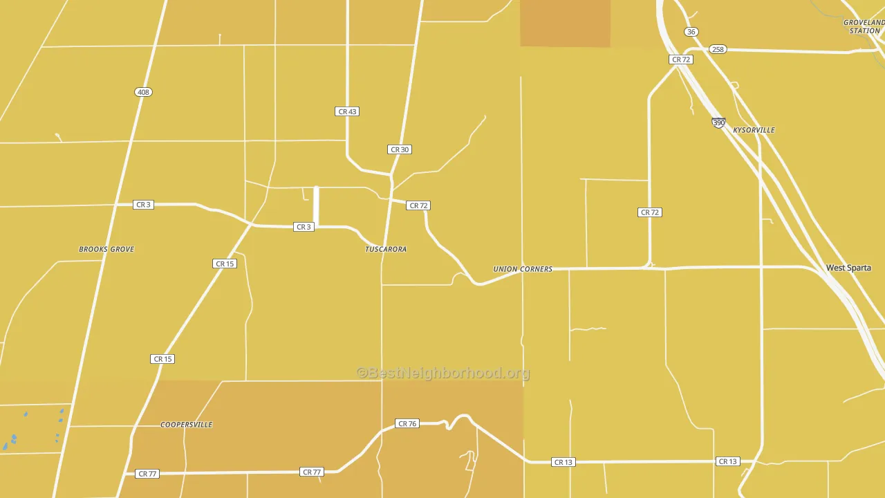 Map of the best neighborhoods in the Tuscarora area, with better matches in green and worse matches in red