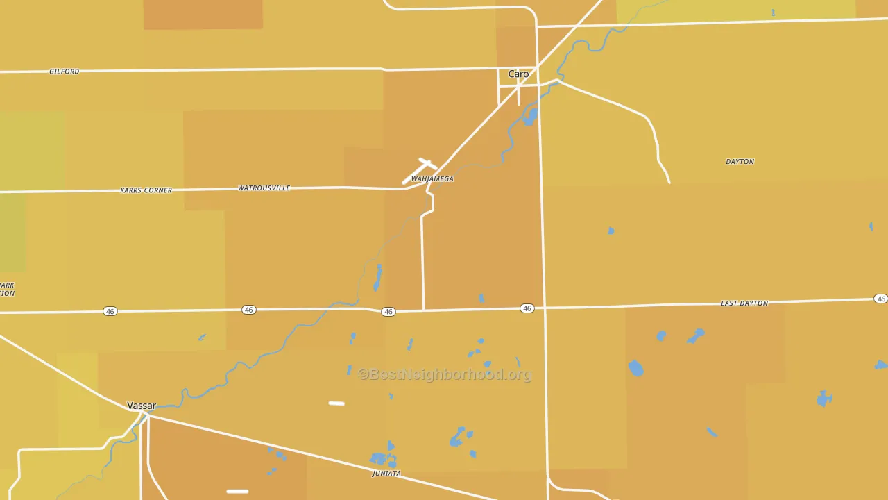 Map of the best neighborhoods in the Tuscola County area, with better matches in green and worse matches in red