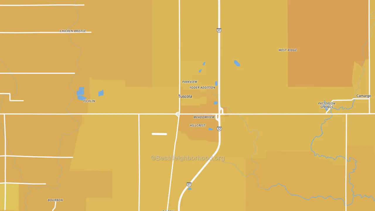 Map of the best neighborhoods in the Tuscola area, with better matches in green and worse matches in red