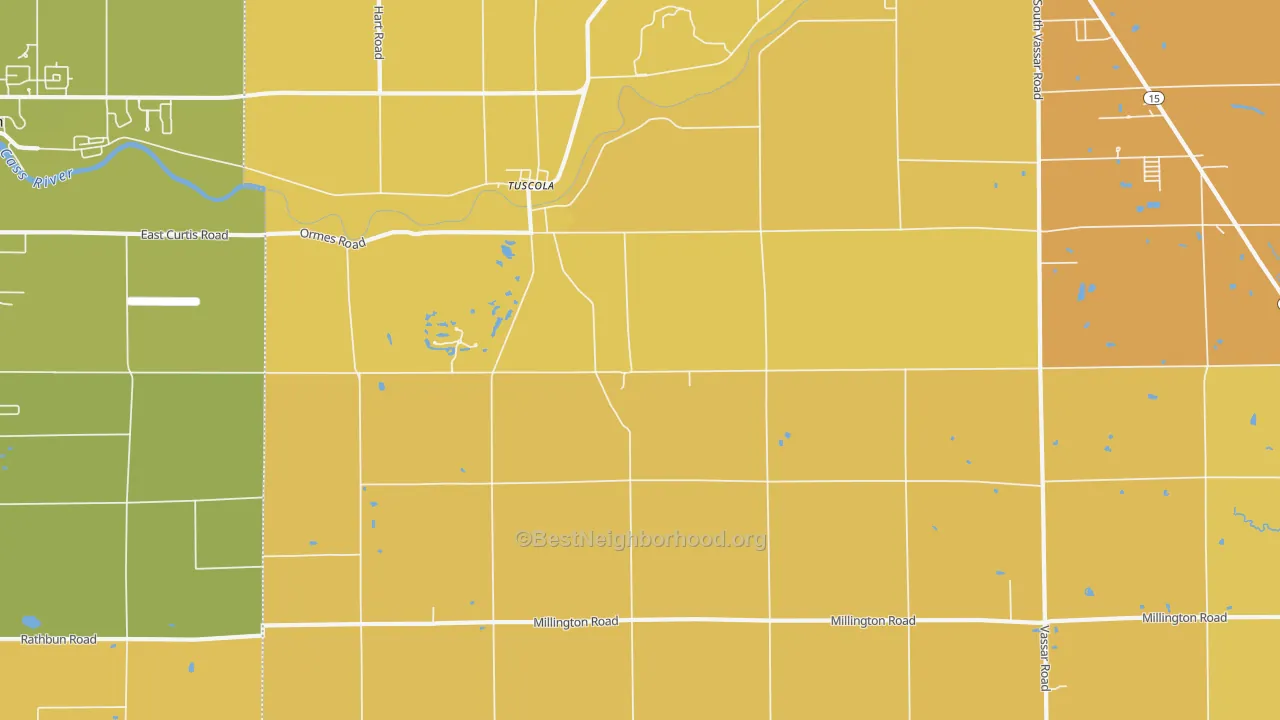 Map of the best neighborhoods in the Tuscola area, with better matches in green and worse matches in red