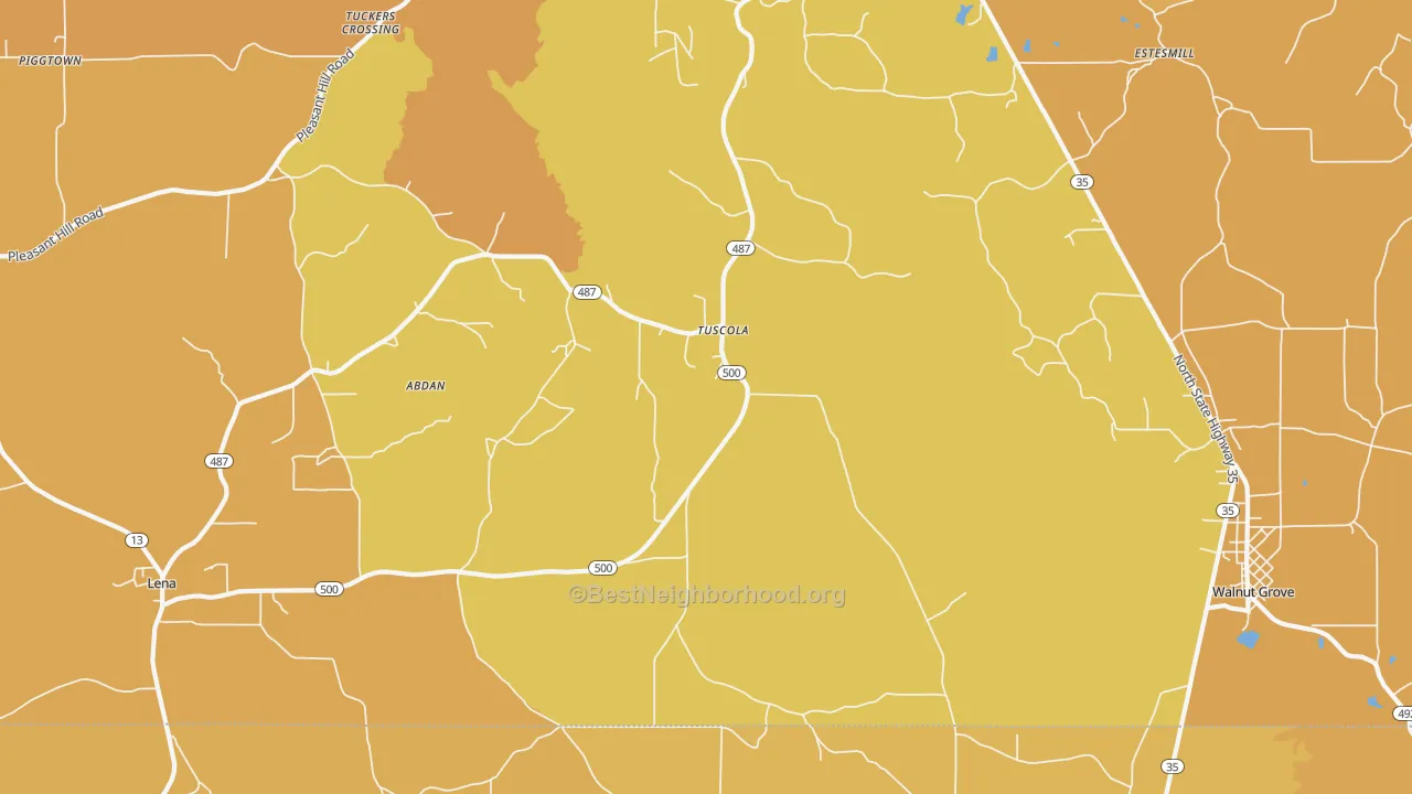 Map of the best neighborhoods in the Tuscola area, with better matches in green and worse matches in red