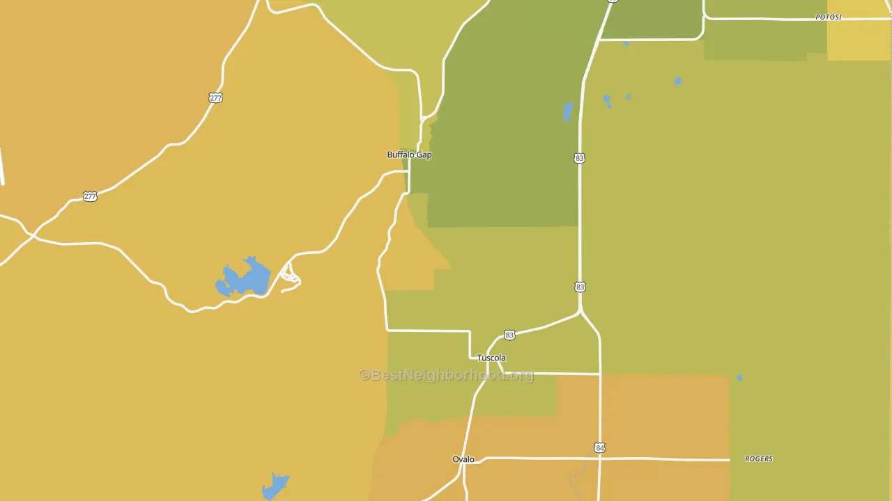 Map of the best neighborhoods in the Tuscola area, with better matches in green and worse matches in red
