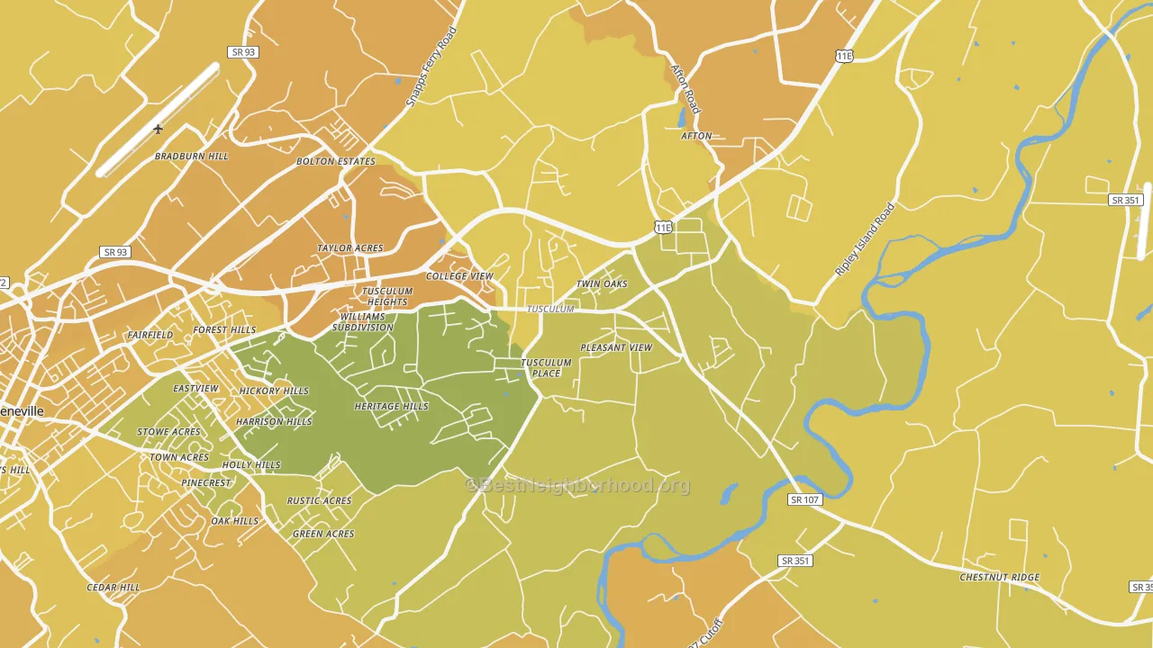 Map of the best neighborhoods in the Tusculum area, with better matches in green and worse matches in red