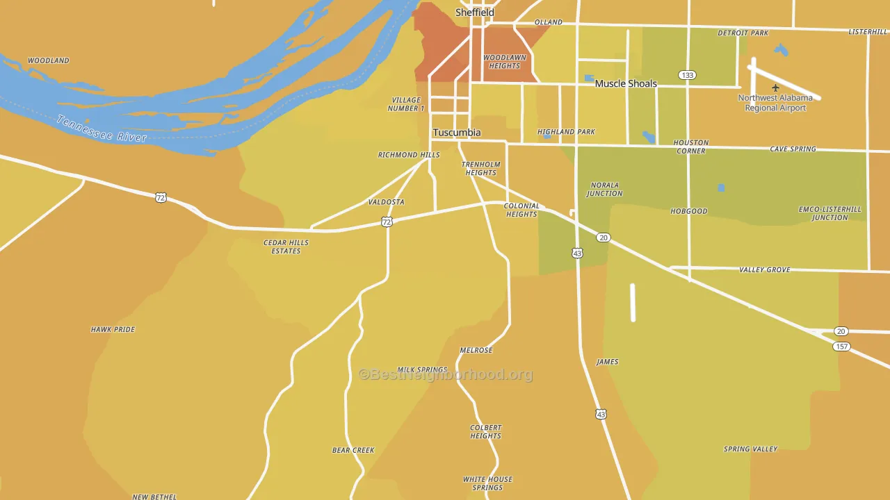 Map of the best neighborhoods in the Tuscumbia area, with better matches in green and worse matches in red