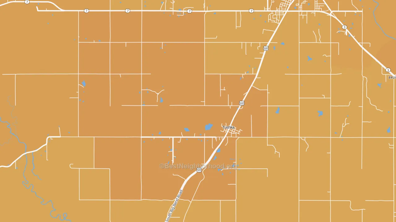 Map of the best neighborhoods in the Tushka area, with better matches in green and worse matches in red