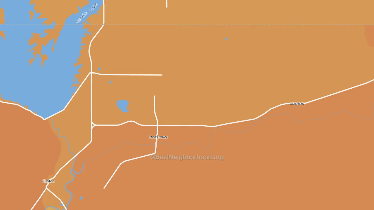 Map of the best neighborhoods in the Tuskahoma area, with better matches in green and worse matches in red