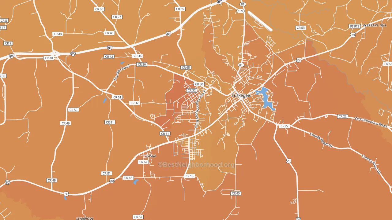 Map of the best neighborhoods in the Tuskegee Institute area, with better matches in green and worse matches in red