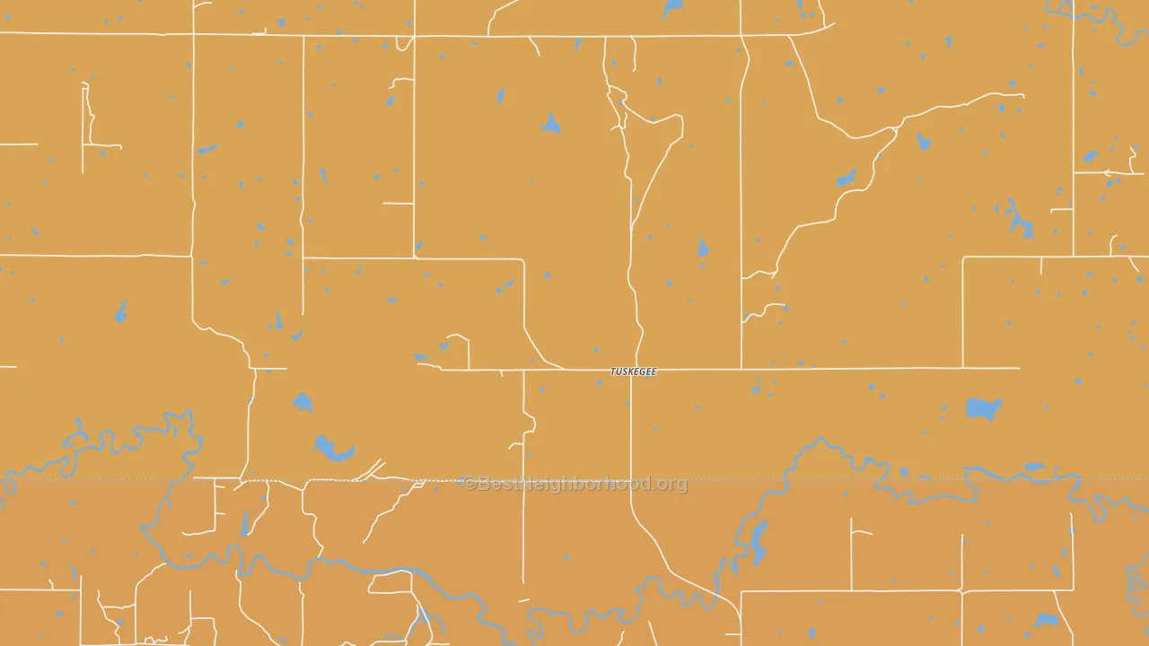 Map of the best neighborhoods in the Tuskegee area, with better matches in green and worse matches in red