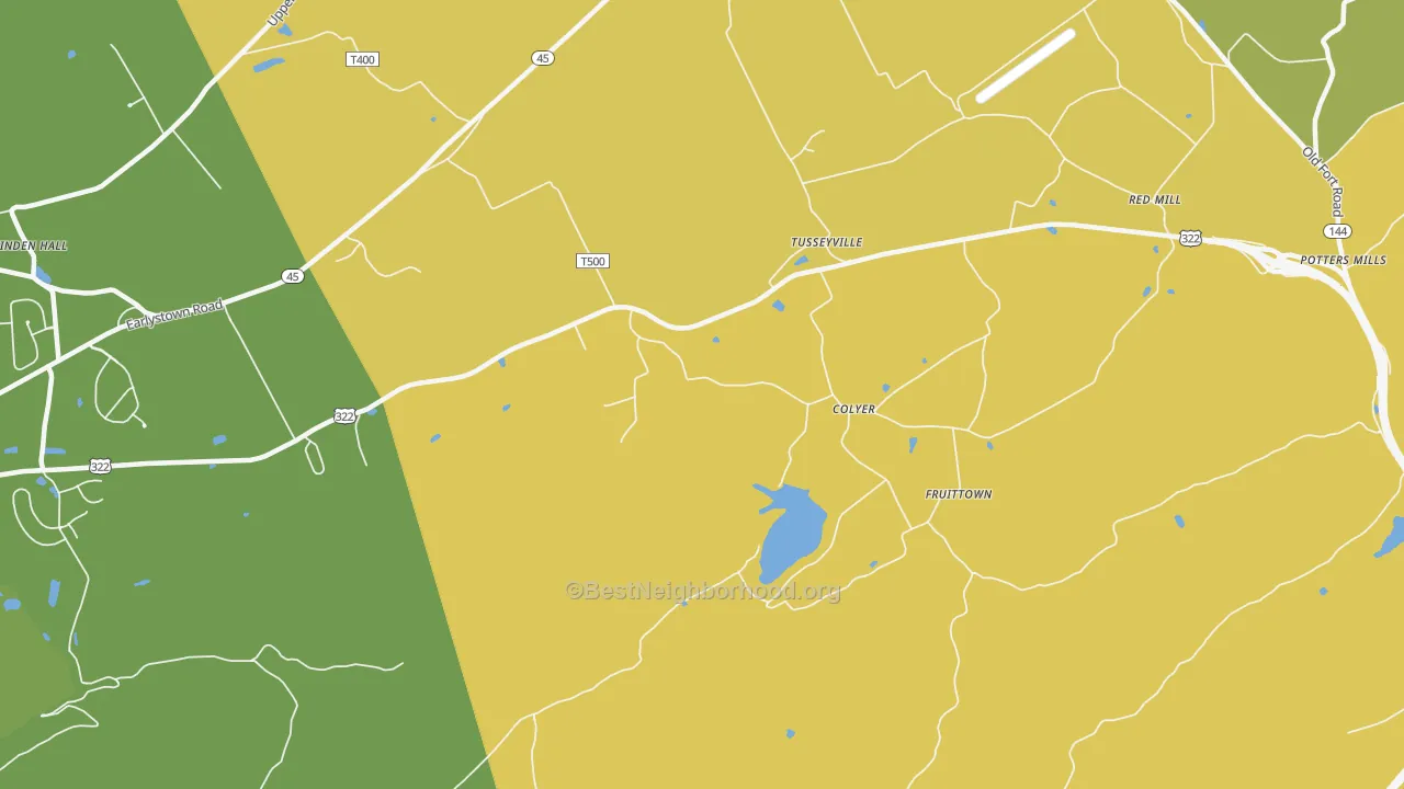 Map of the best neighborhoods in the Tusseyville area, with better matches in green and worse matches in red