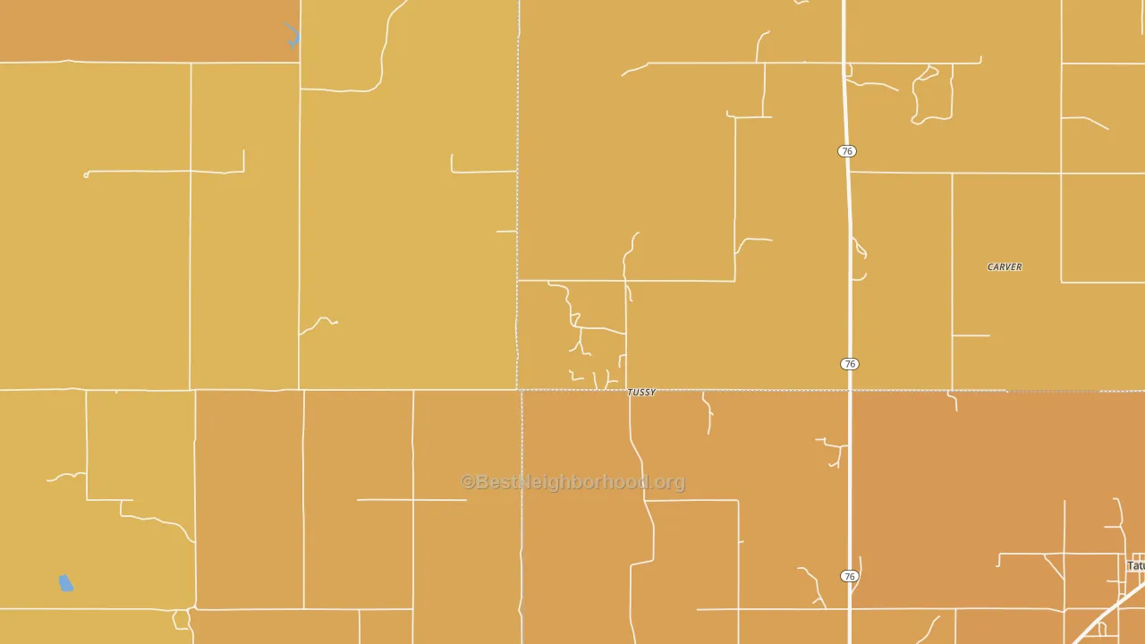 Map of the best neighborhoods in the Tussy area, with better matches in green and worse matches in red