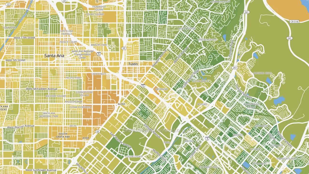 Map of the best neighborhoods in the Tustin area, with better matches in green and worse matches in red