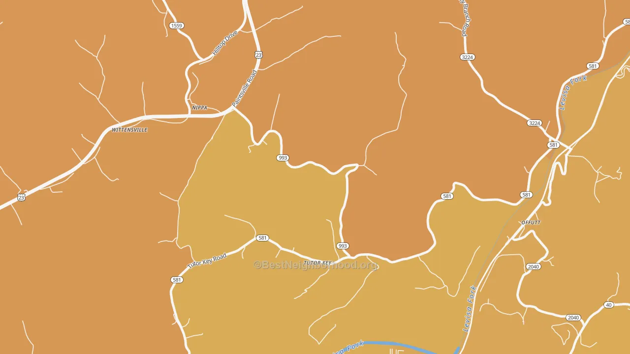 Map of the best neighborhoods in the Tutor Key area, with better matches in green and worse matches in red