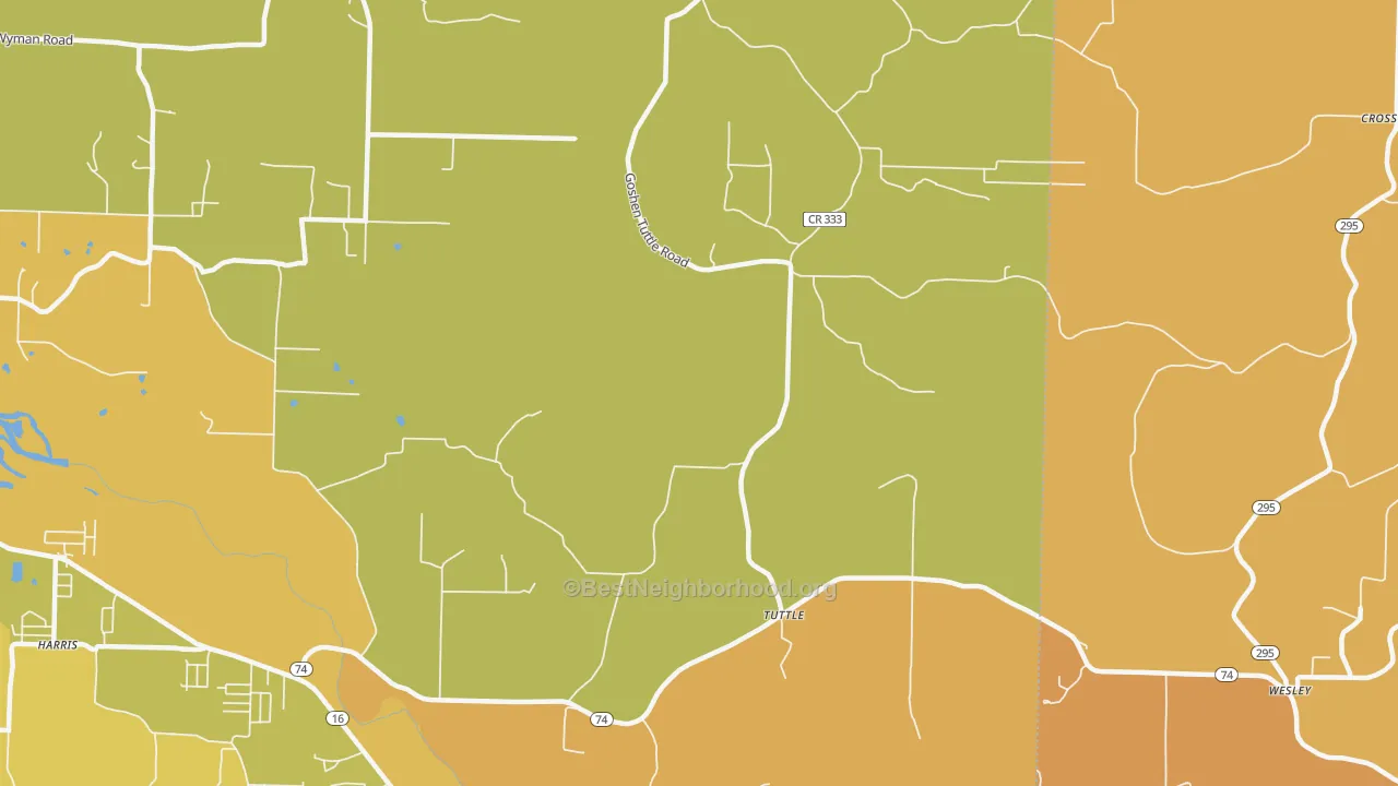 Map of the best neighborhoods in the Tuttle area, with better matches in green and worse matches in red