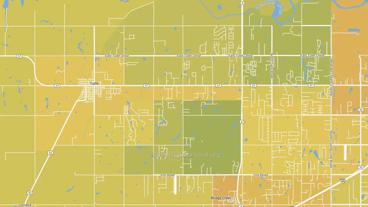 Map of the best neighborhoods in the Tuttle area, with better matches in green and worse matches in red
