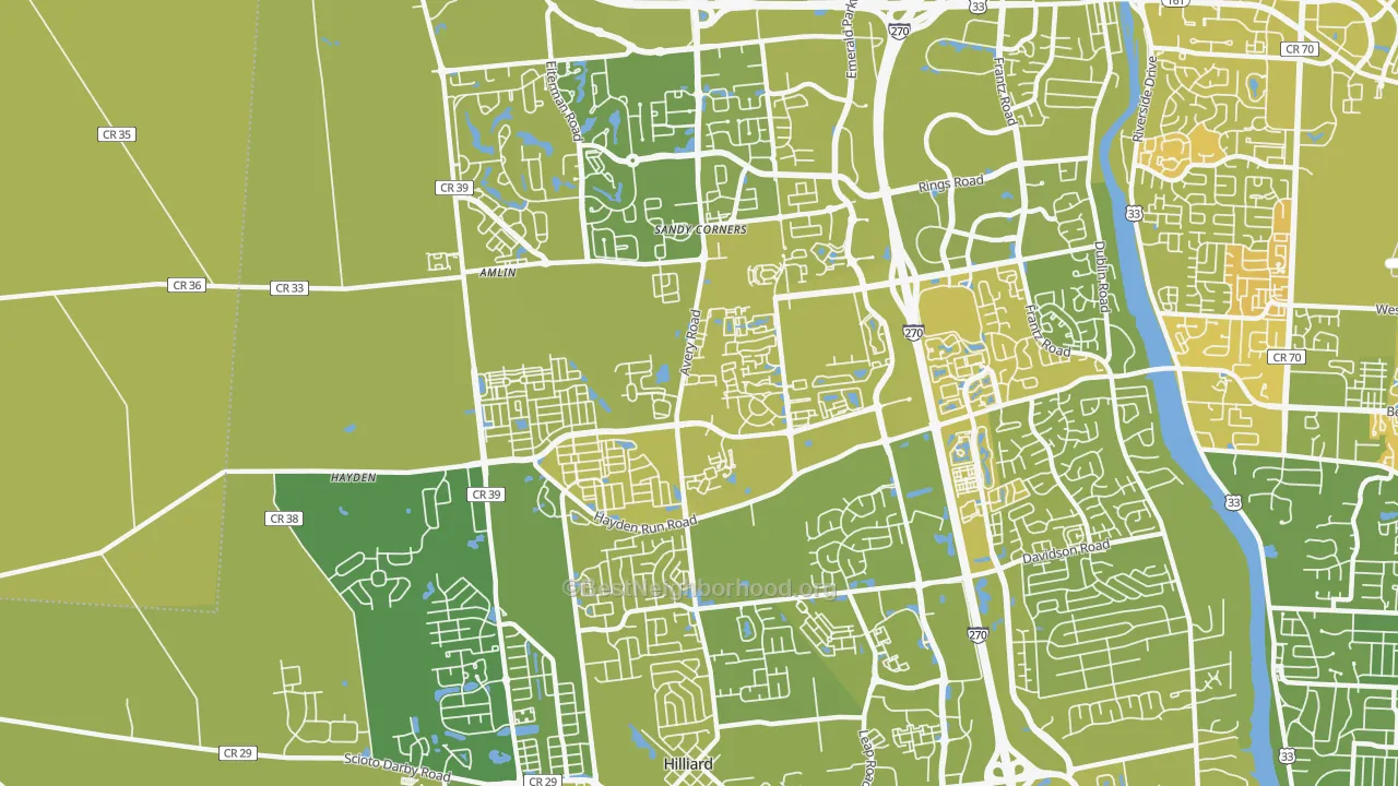 Map of the best neighborhoods in the Tuttle West, Dublin area, with better matches in green and worse matches in red
