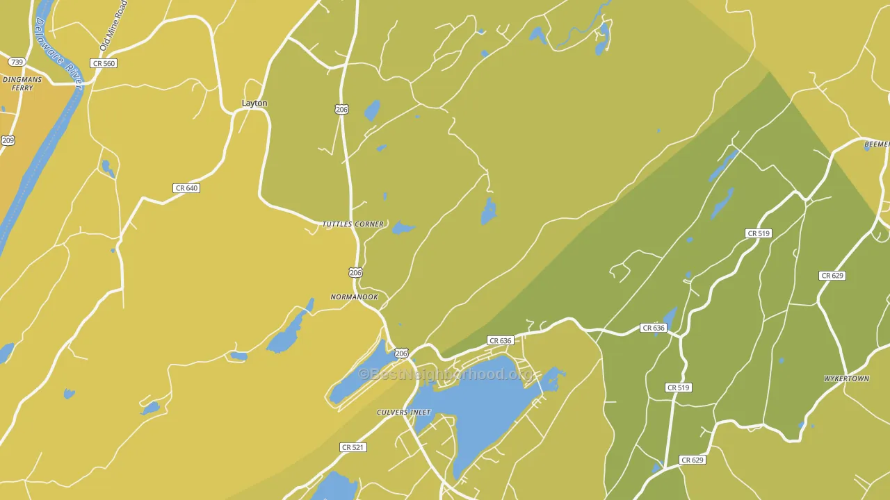 Map of the best neighborhoods in the Tuttles Corner area, with better matches in green and worse matches in red