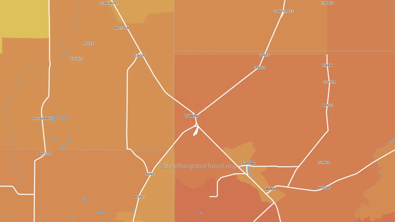 Map of the best neighborhoods in the Tutwiler area, with better matches in green and worse matches in red