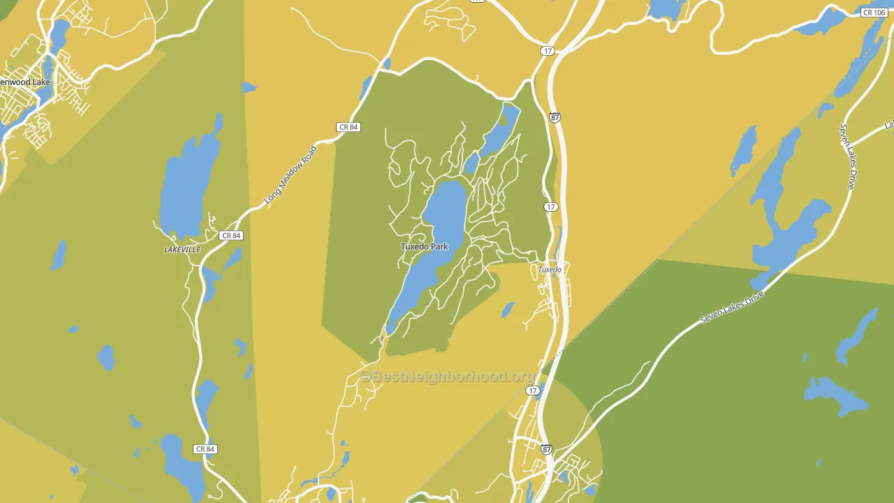 Map of the best neighborhoods in the Tuxedo Park area, with better matches in green and worse matches in red