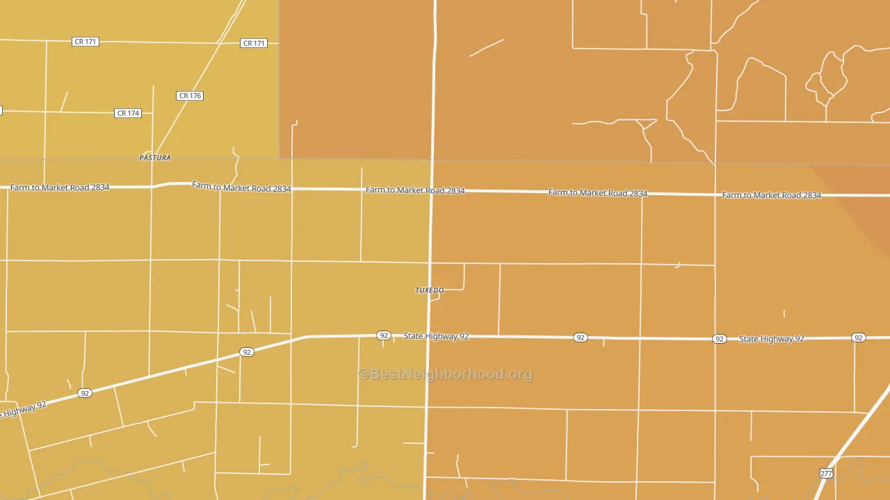 Map of the best neighborhoods in the Tuxedo area, with better matches in green and worse matches in red