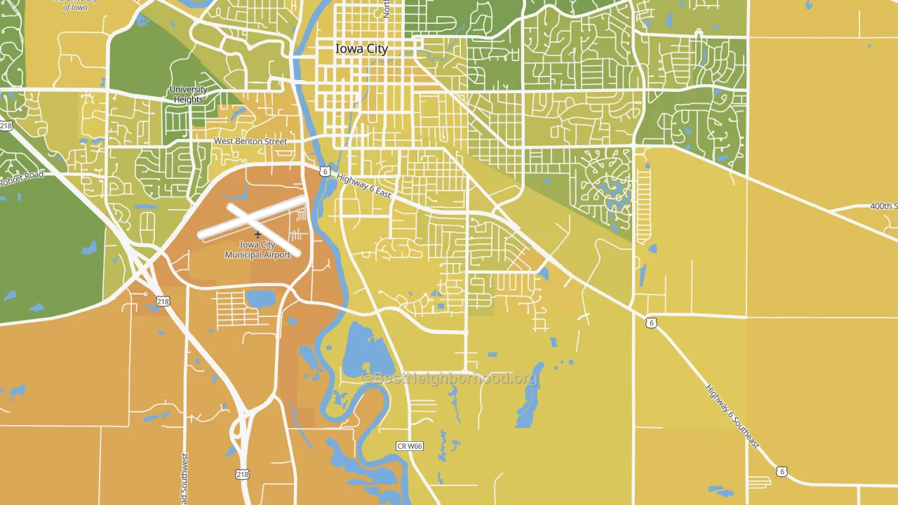 Map of the best neighborhoods in the Twain, Iowa City area, with better matches in green and worse matches in red