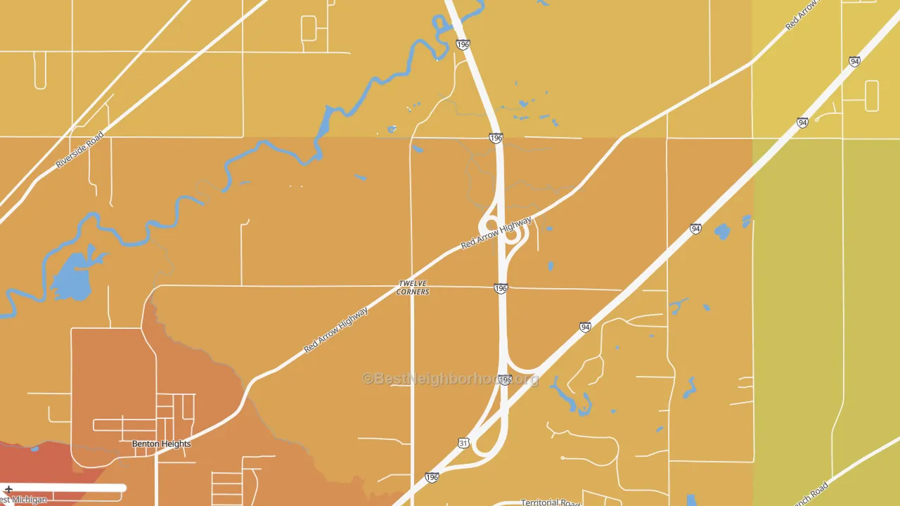 Map of the best neighborhoods in the Twelve Corners area, with better matches in green and worse matches in red