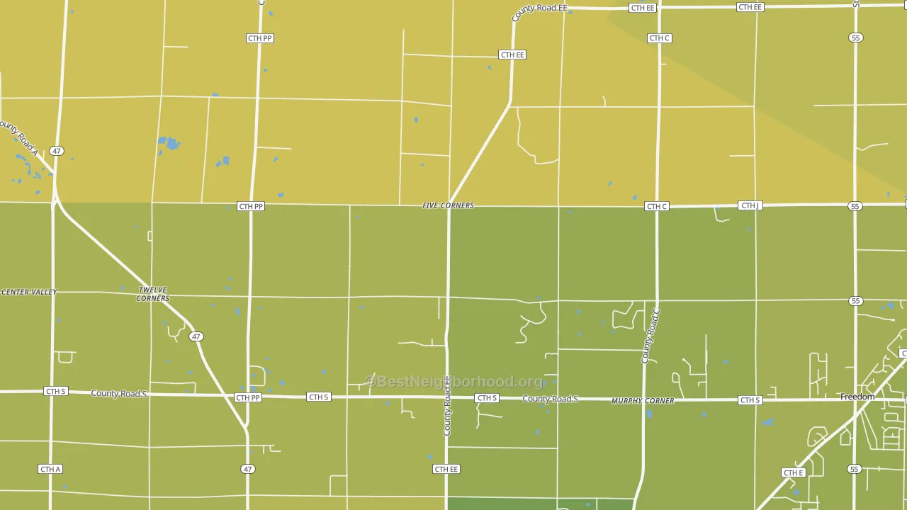 Map of the best neighborhoods in the Twelve Corners area, with better matches in green and worse matches in red