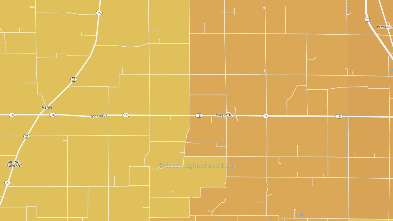 Map of the best neighborhoods in the Twelve Mile area, with better matches in green and worse matches in red