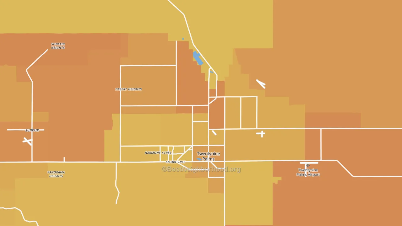 Map of the best neighborhoods in the Twentynine Palms area, with better matches in green and worse matches in red