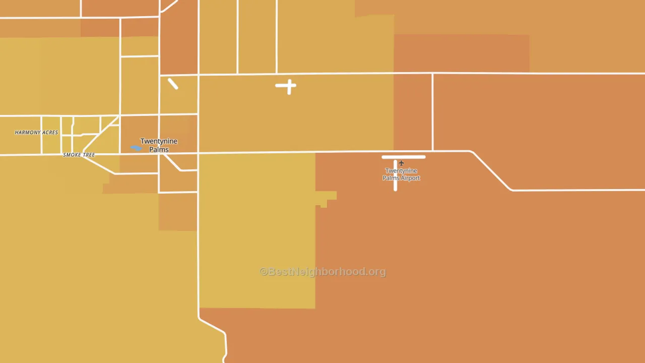 Map of the best neighborhoods in the Twentynine Palms Marine Corps Base area, with better matches in green and worse matches in red