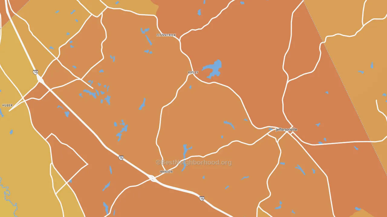 Map of the best neighborhoods in the Twiggs County area, with better matches in green and worse matches in red