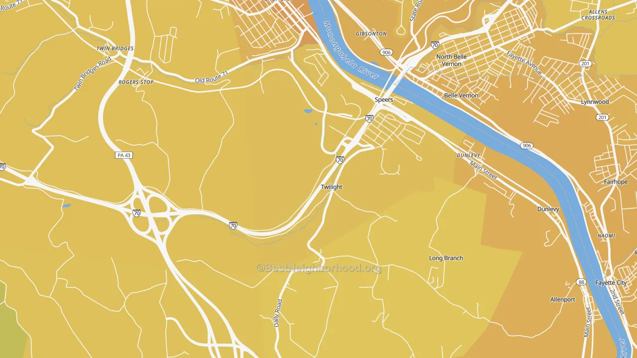 Map of the best neighborhoods in the Twilight area, with better matches in green and worse matches in red