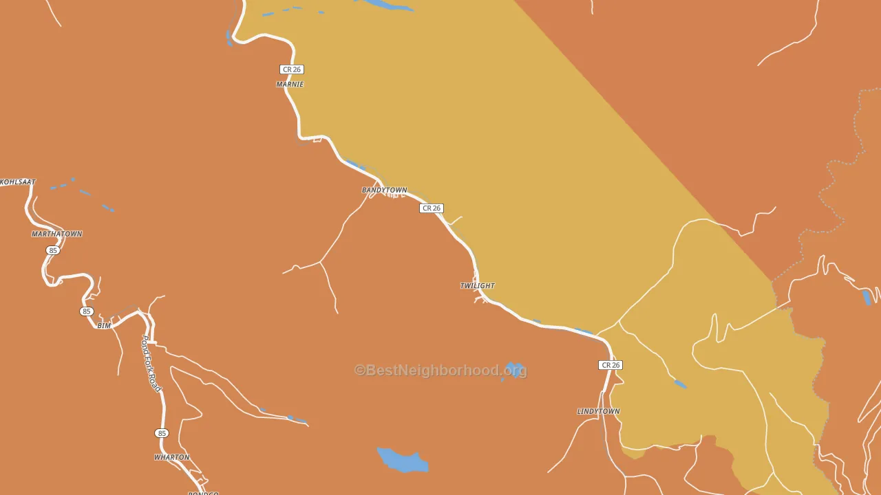 Map of the best neighborhoods in the Twilight area, with better matches in green and worse matches in red