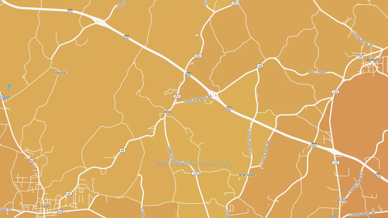 Map of the best neighborhoods in the Twin area, with better matches in green and worse matches in red