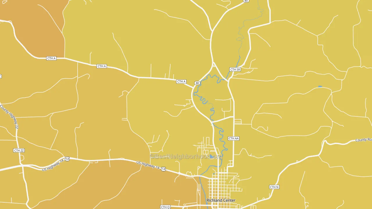 Map of the best neighborhoods in the Twin Bluffs area, with better matches in green and worse matches in red
