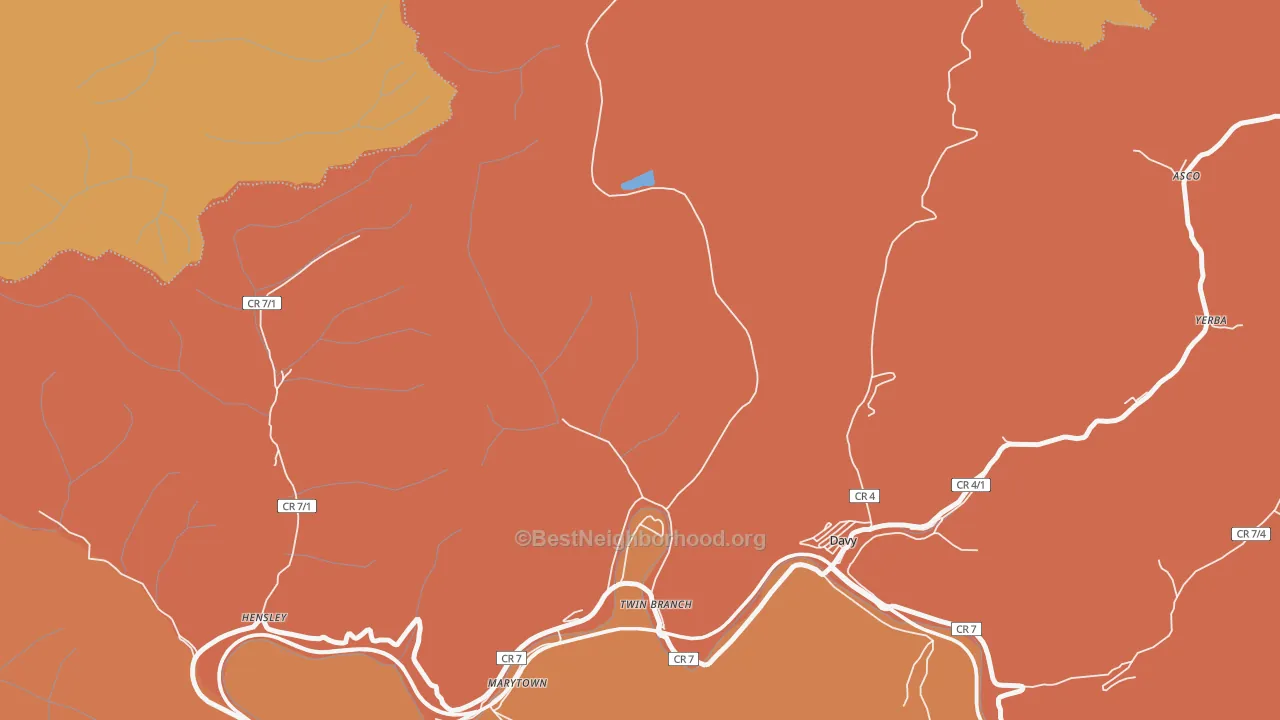 Map of the best neighborhoods in the Twin Branch area, with better matches in green and worse matches in red