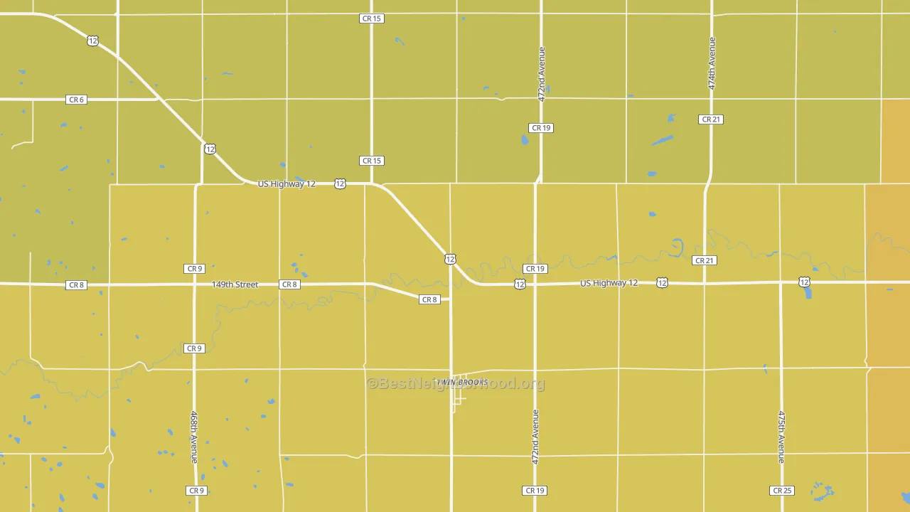 Map of the best neighborhoods in the Twin Brooks area, with better matches in green and worse matches in red