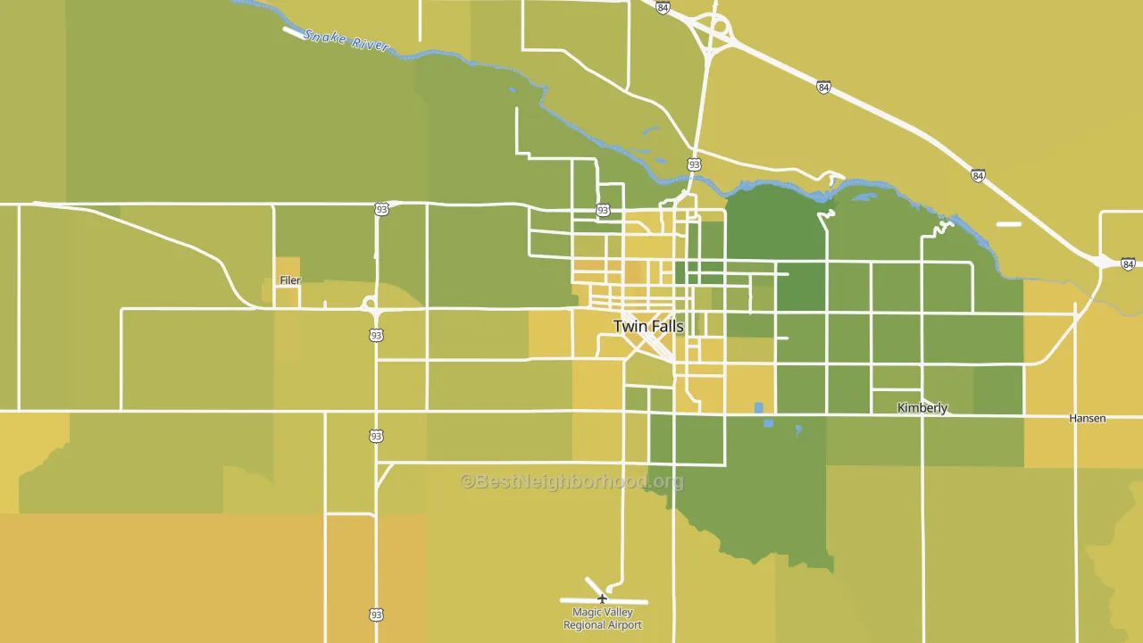Map of the best neighborhoods in the Twin Falls County area, with better matches in green and worse matches in red