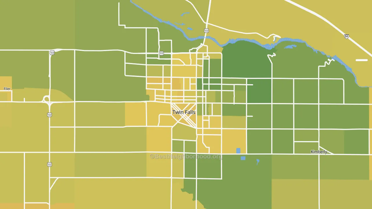 Map of the best neighborhoods in the Twin Falls Metro area, with better matches in green and worse matches in red