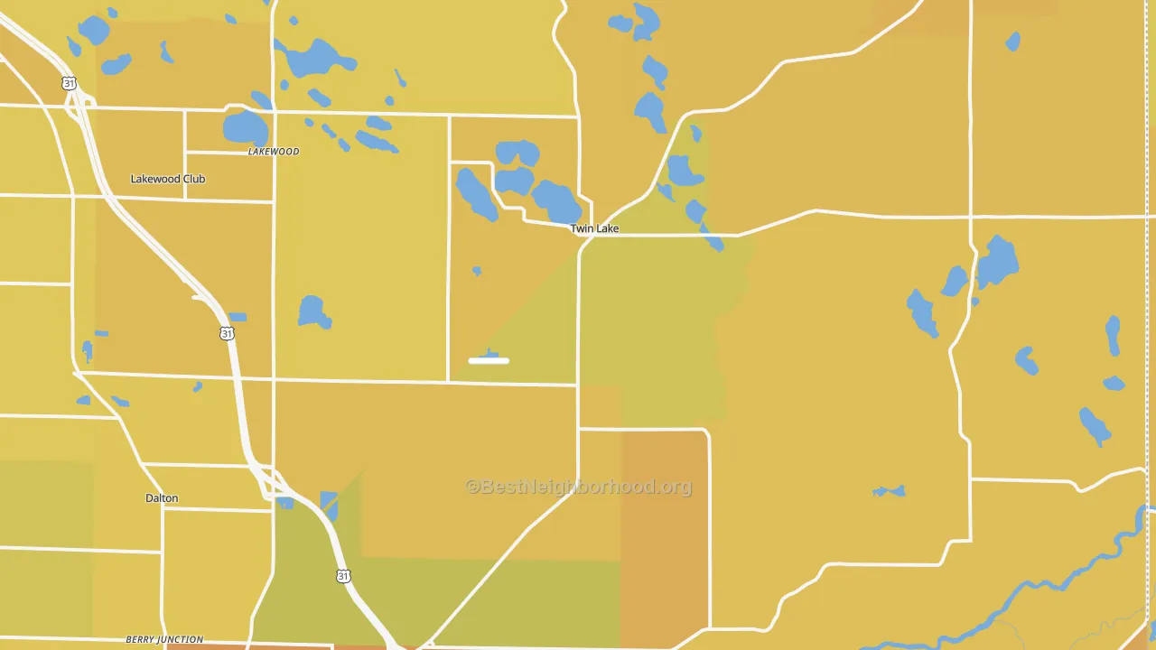 Map of the best neighborhoods in the Twin Lake area, with better matches in green and worse matches in red