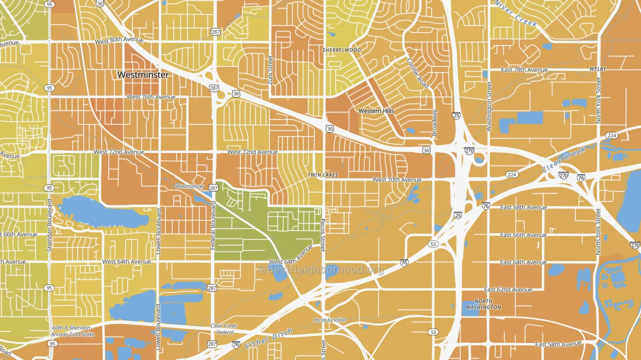Map of the best neighborhoods in the Twin Lakes, Denver area, with better matches in green and worse matches in red