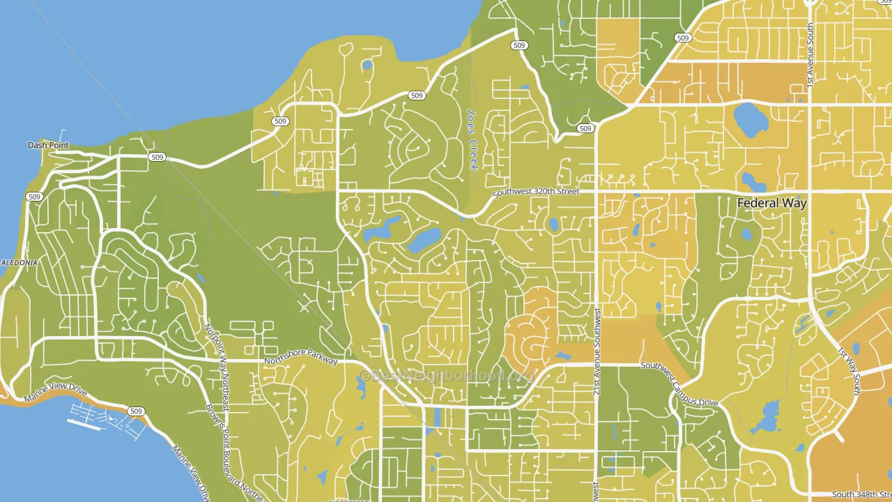 Map of the best neighborhoods in the Twin Lakes, Federal Way area, with better matches in green and worse matches in red