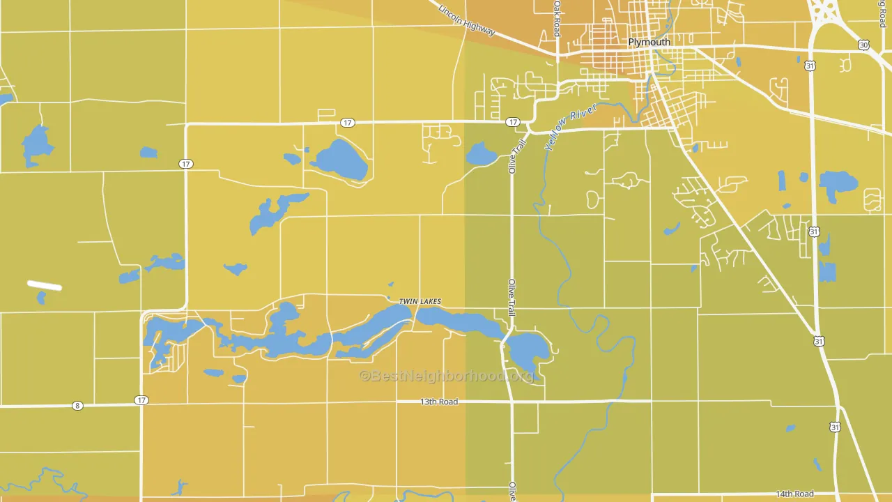 Map of the best neighborhoods in the Twin Lakes area, with better matches in green and worse matches in red